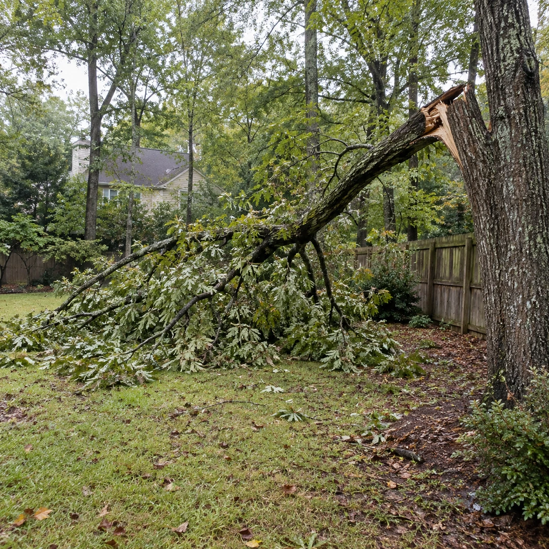 Broken tree limb resting in a residential yard after storm damage