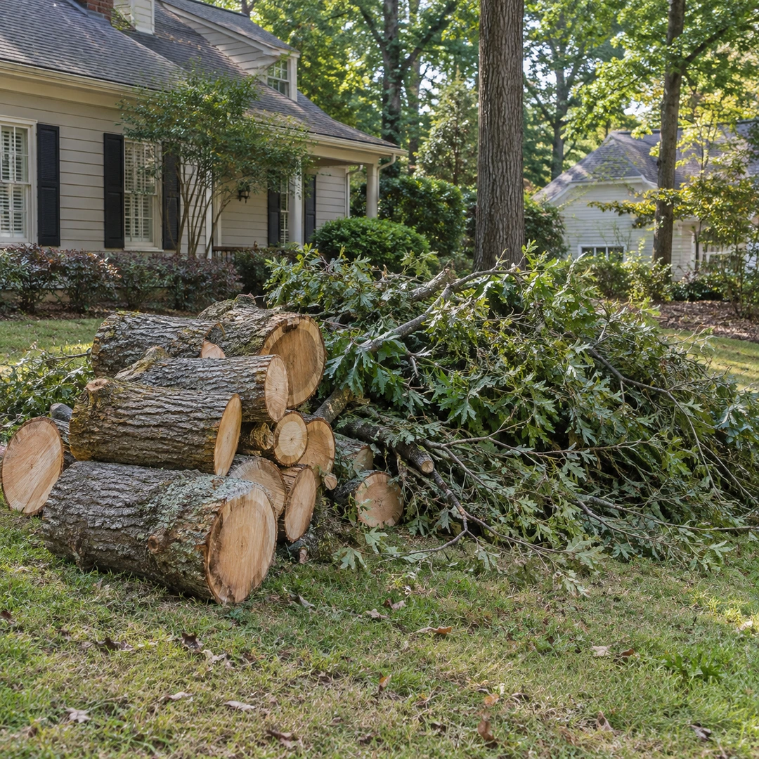 Cut logs and leafy branches awaiting removal from a residential yard
