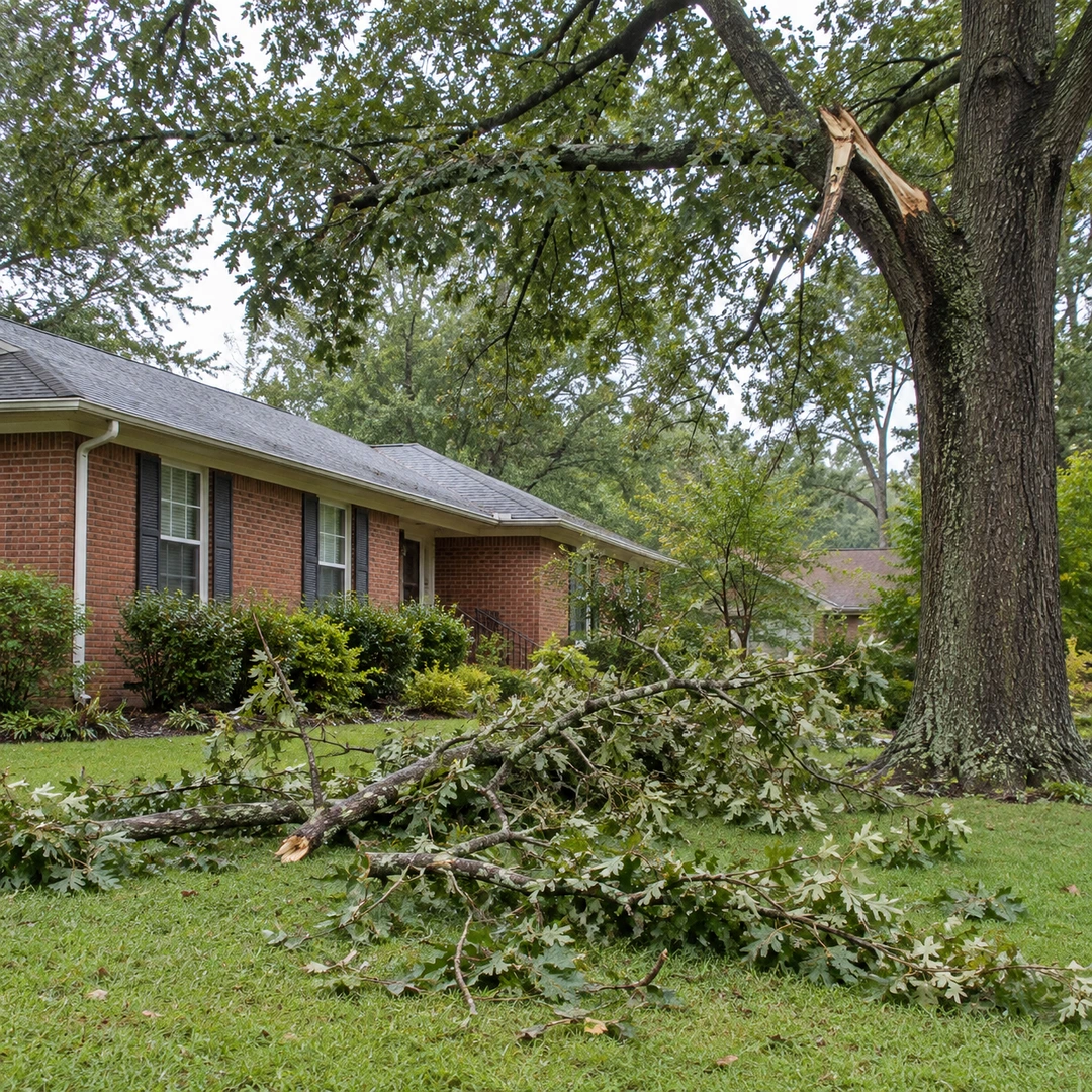 Broken limb and fallen branches in front of a brick home