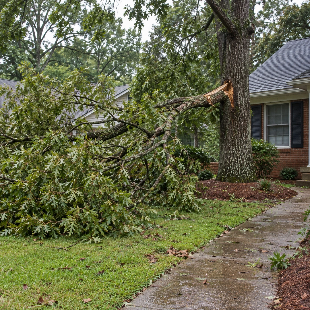 Damaged tree branch beside a brick home and walkway