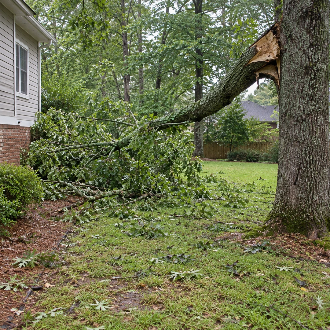 Split tree limb hanging into a residential side yard