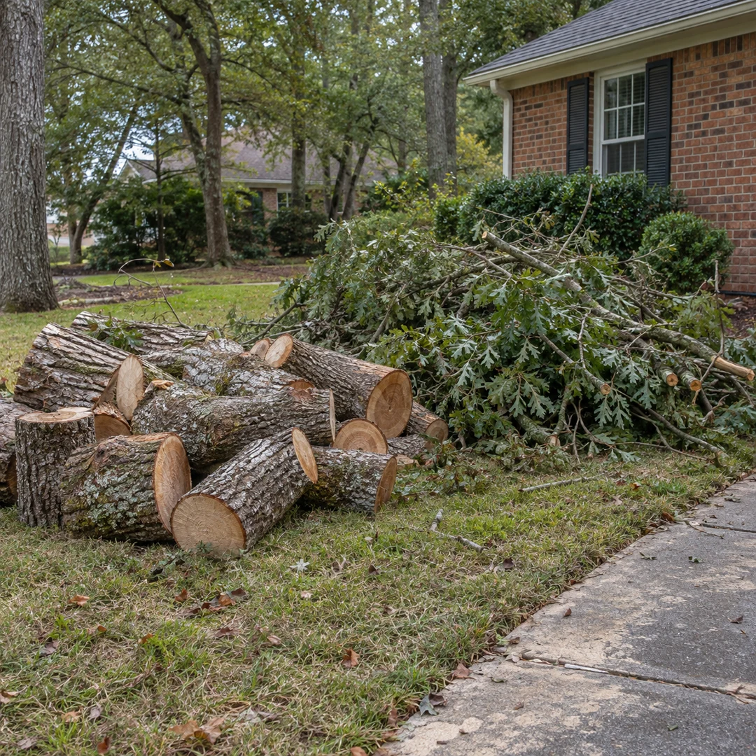 Cut logs and branches grouped beside a brick home for hauling