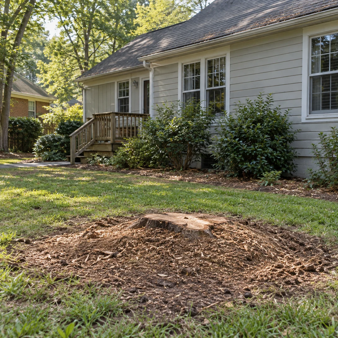 Tree stump surrounded by soil and wood chips beside a home