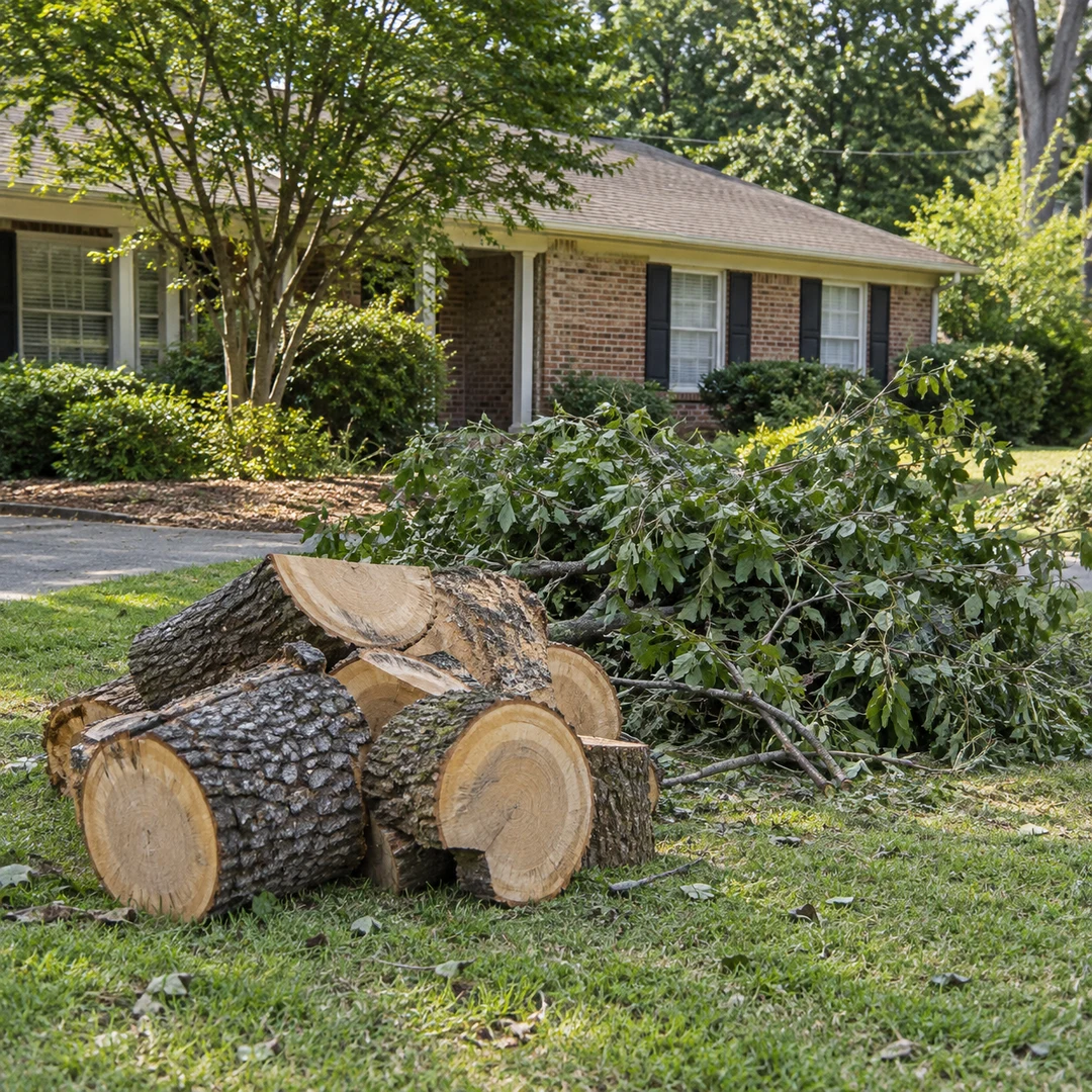 Cut tree rounds and branches stacked on a front lawn