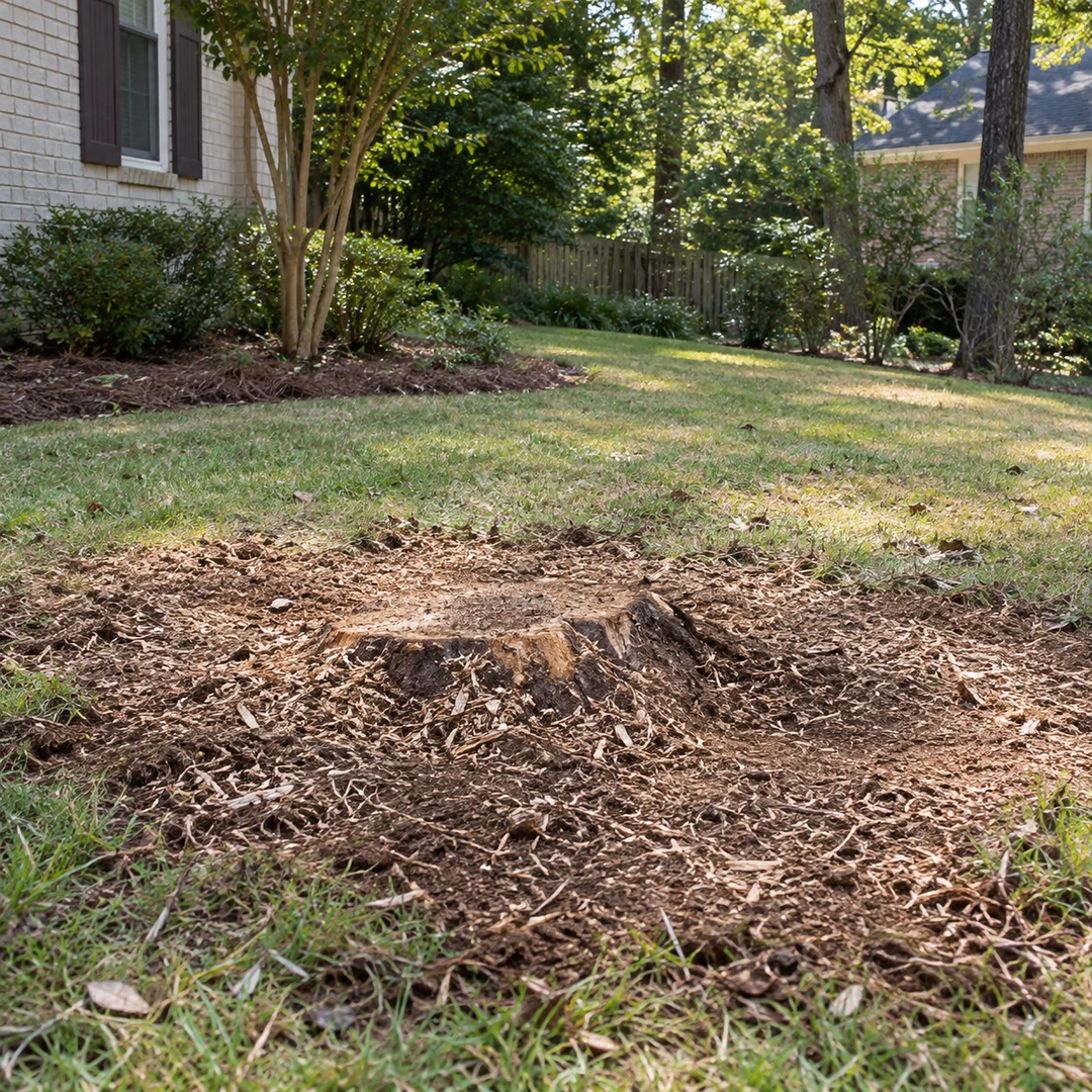 Low tree stump and fresh wood chips in a residential lawn