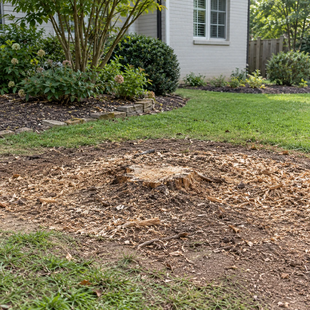 Low stump and fresh chips left after grinding near a garden bed