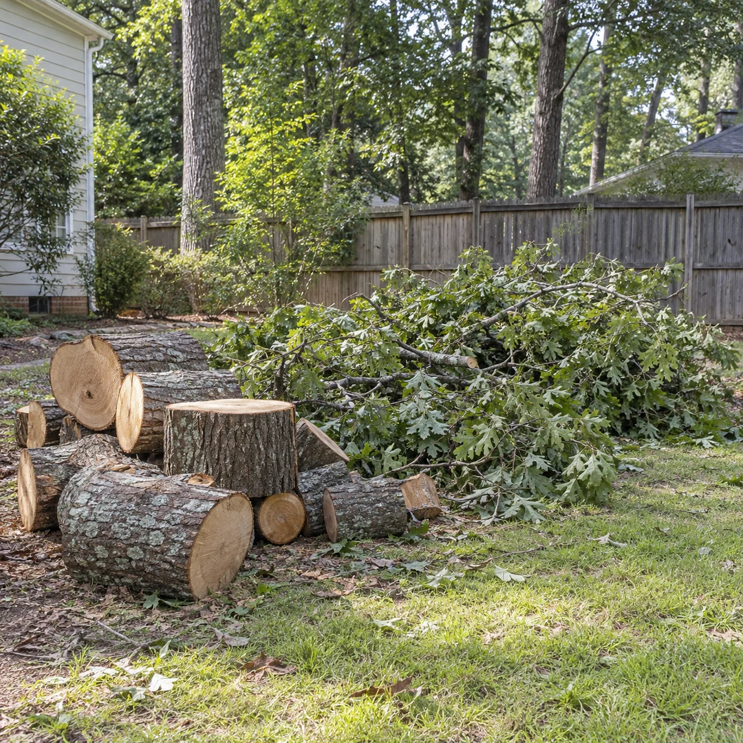 Cut trunk sections and leafy branches awaiting removal in a residential yard