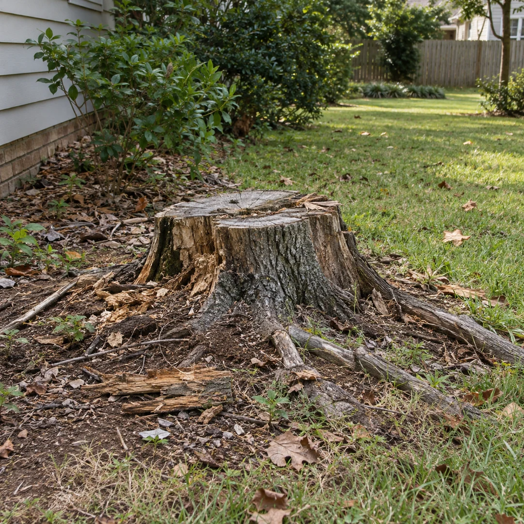 Weathered tree stump and roots in a side yard