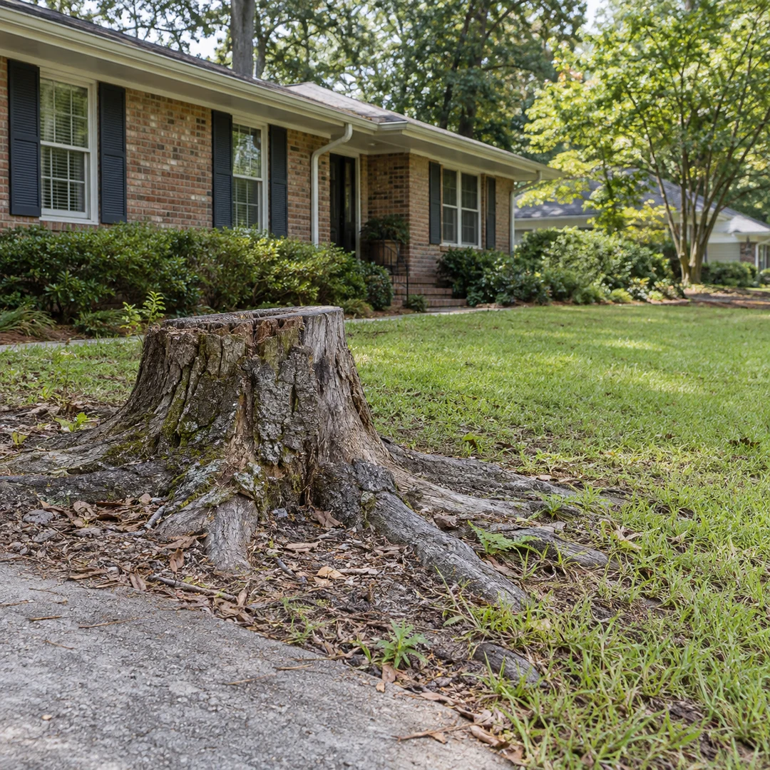 Old stump with surface roots beside a residential walkway