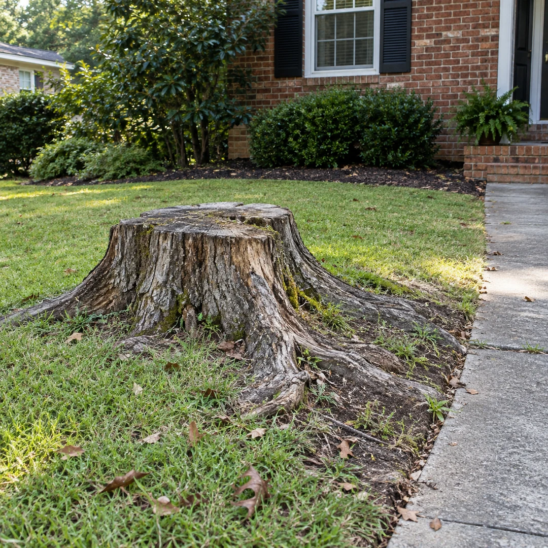 Weathered old tree stump with exposed roots beside a home walkway