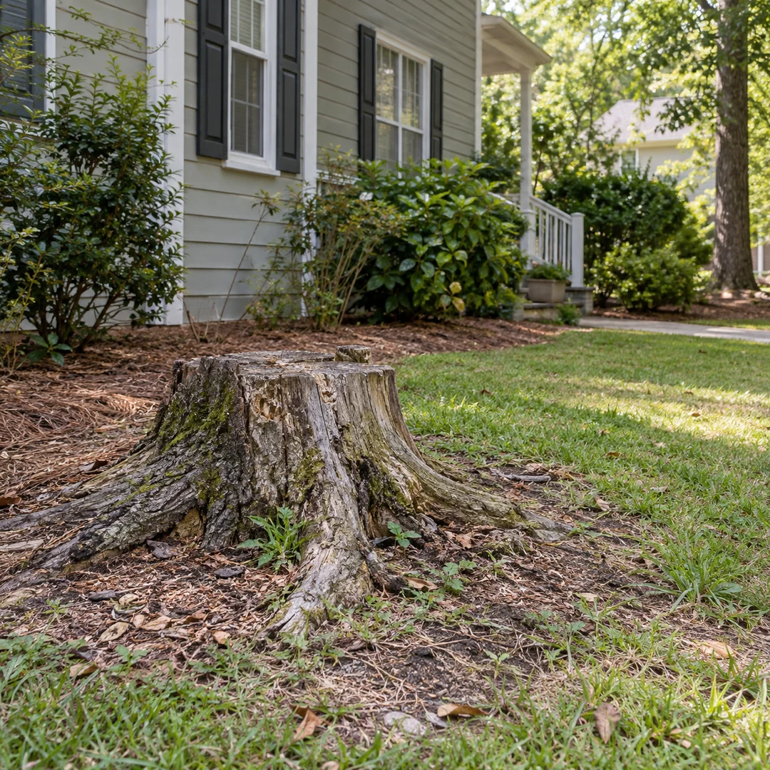 Old stump with spreading roots beside a residential home