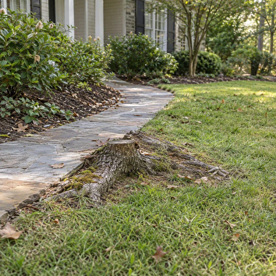 Low stump and raised roots beside a stone garden walkway