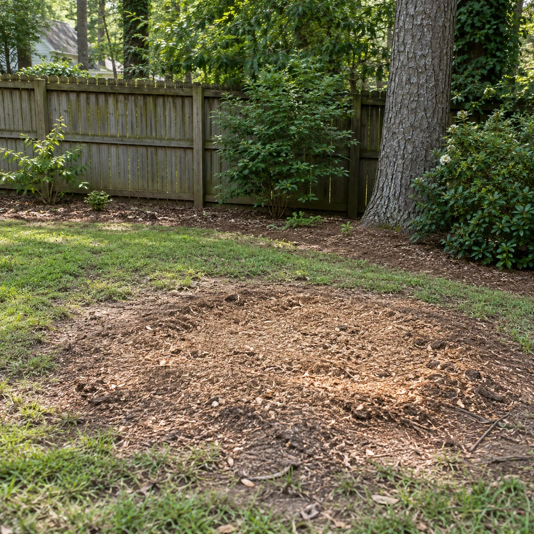 Level wood chip area after stump grinding in a fenced yard