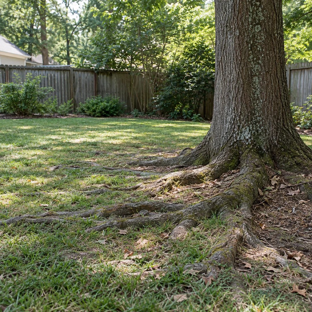 Large tree roots spreading through a shaded residential lawn