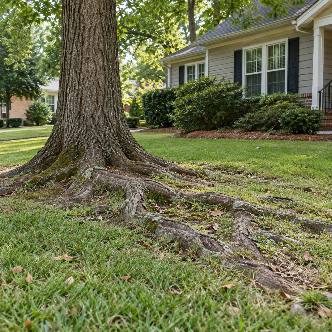 Exposed surface roots extending from a mature tree across a lawn