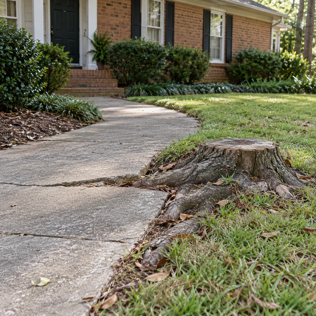 Tree stump and surface roots crossing the edge of a residential sidewalk