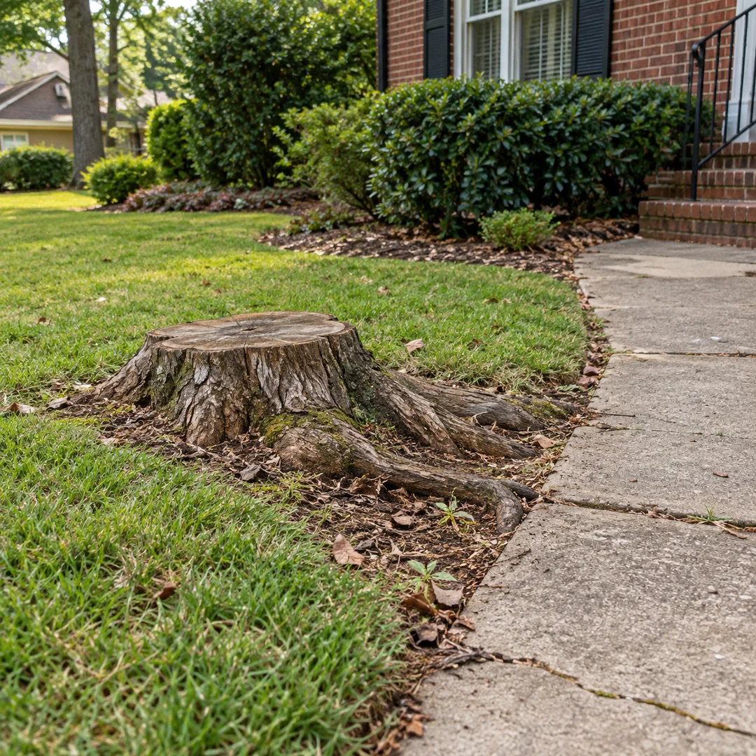 Low stump and raised roots beside a concrete walking route at a brick home