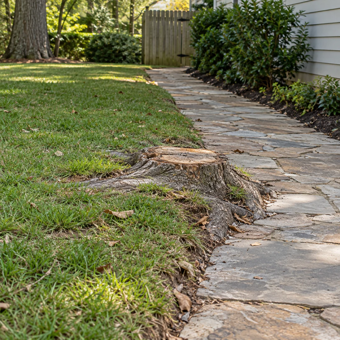 Cut stump and roots beside a stone walking path in a residential yard