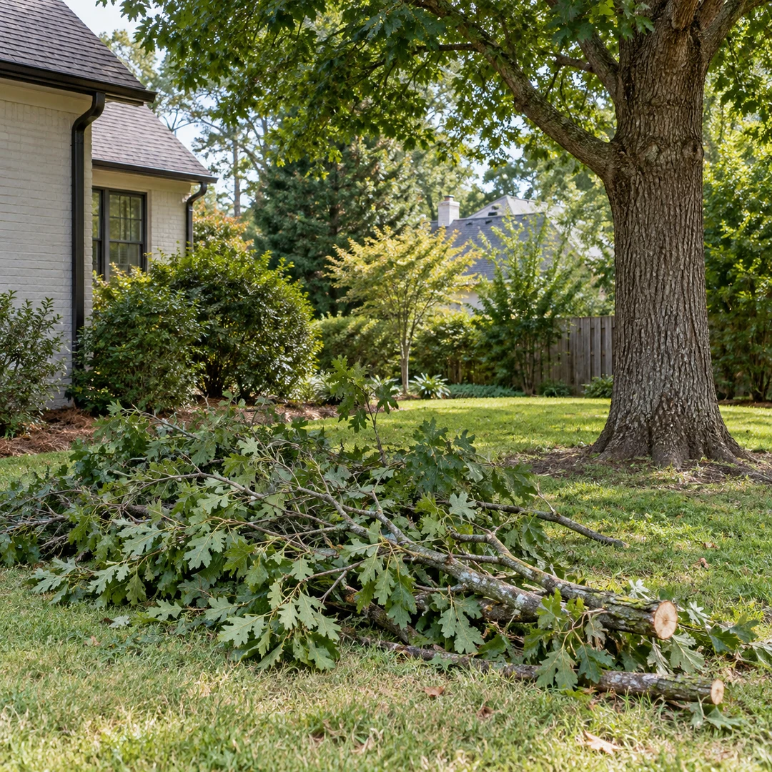 Cut leafy limbs on a residential lawn near a mature tree