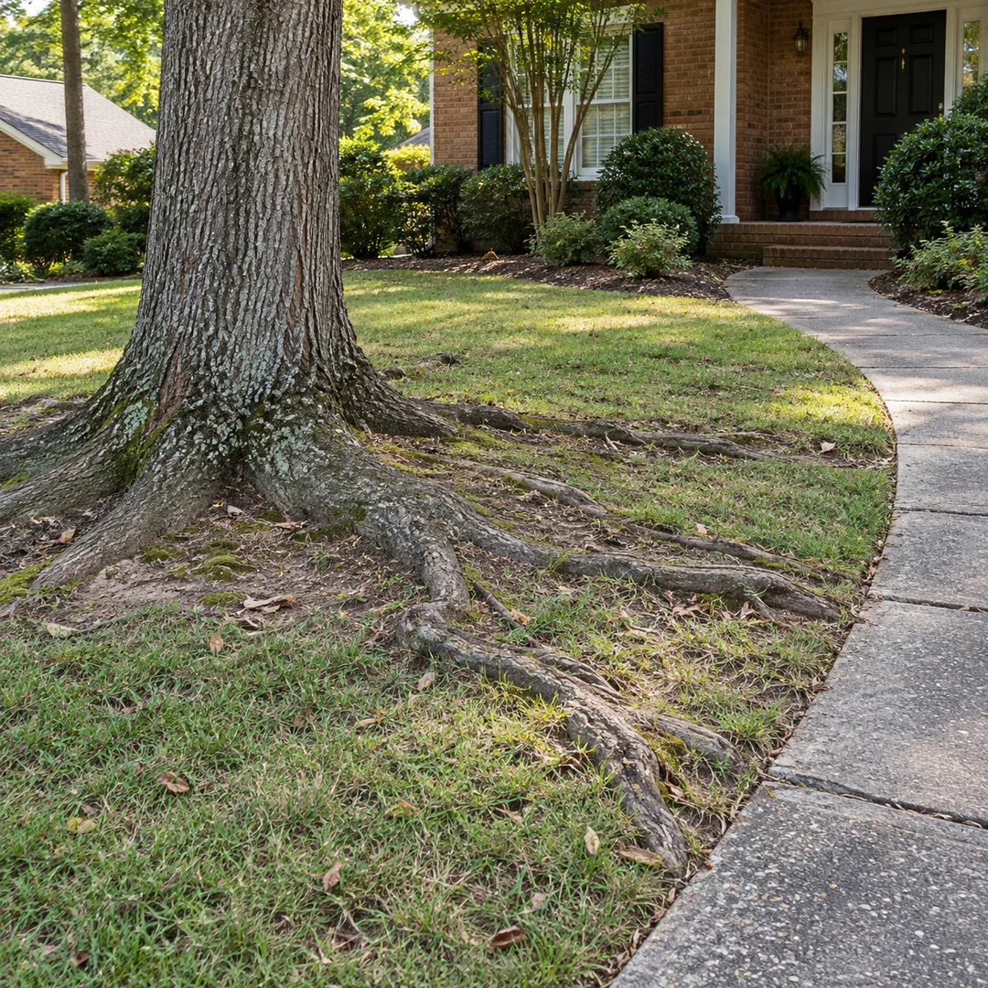 Surface roots beside a walkway and mature tree in a residential yard