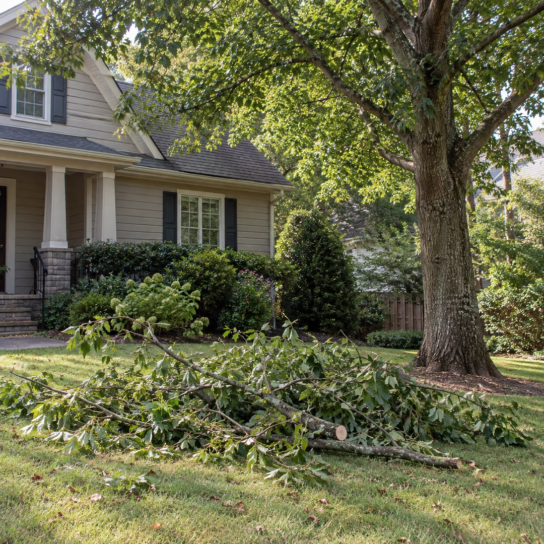 Removed branches grouped beside a mature tree at a residential home