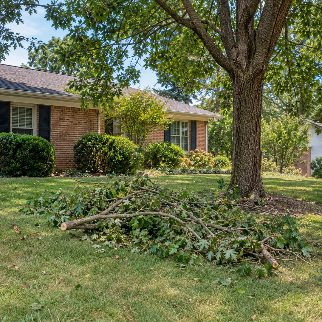 Selected cut tree limbs grouped on a lawn beneath a healthy shade tree
