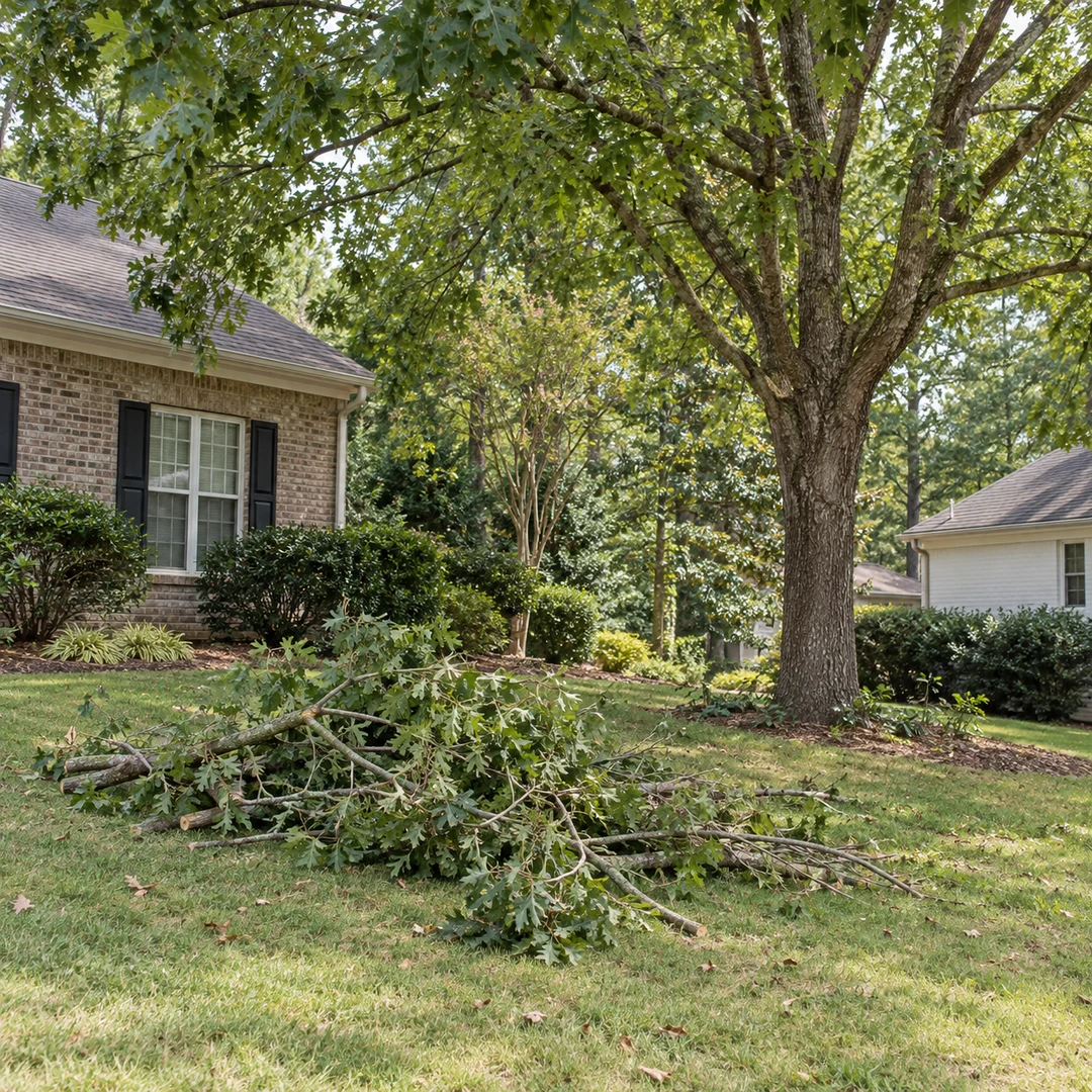 Cut limbs on a lawn with the remaining tree and canopy visible