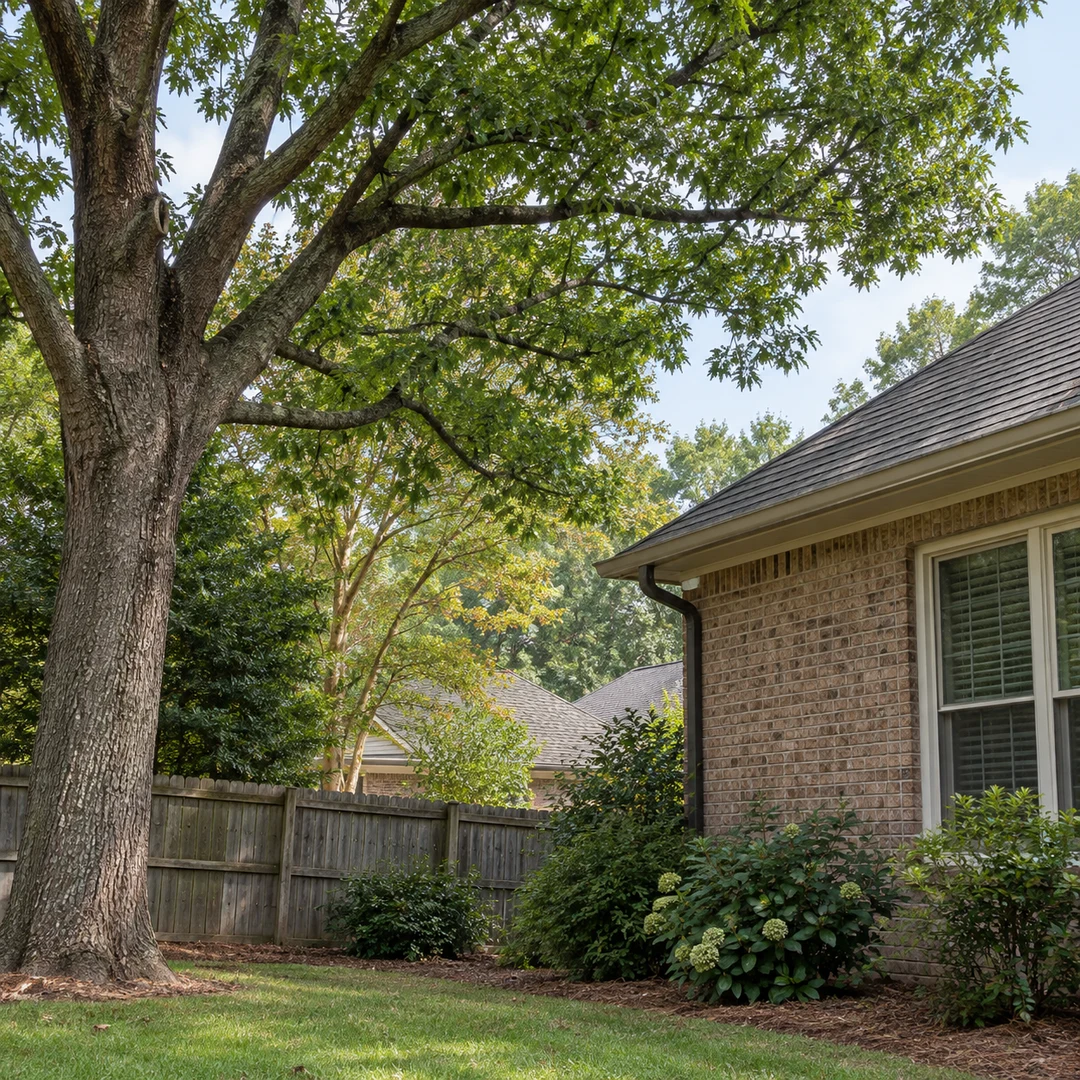 Mature tree standing close to a roof and side yard