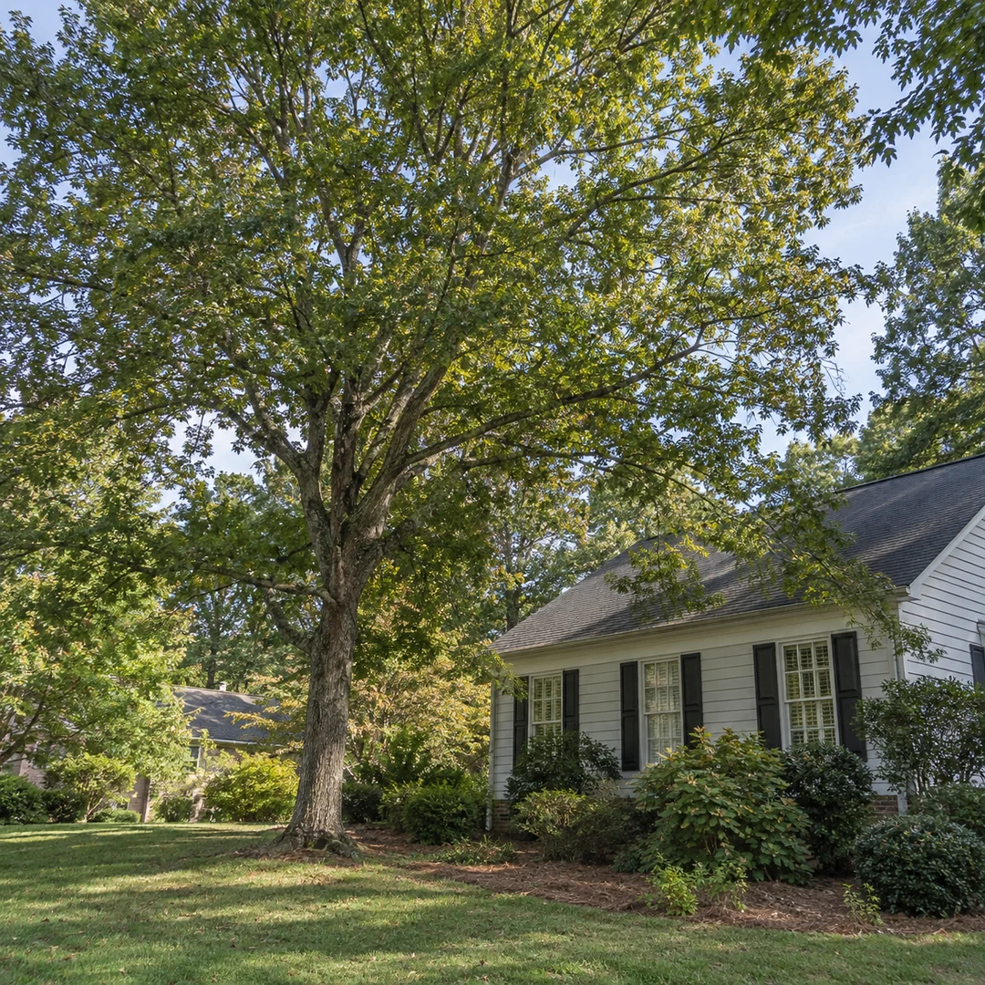 Established shade tree with a balanced canopy in a front yard