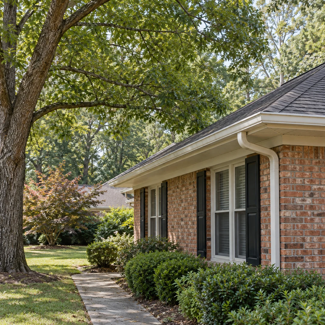 Tree limbs over a brick home roofline in Brookhaven