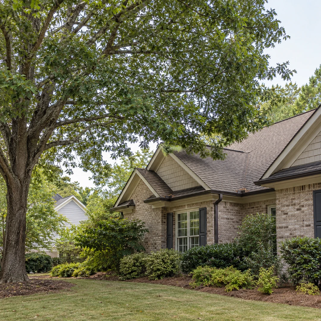 Tree branches extending near the roof of a residential home
