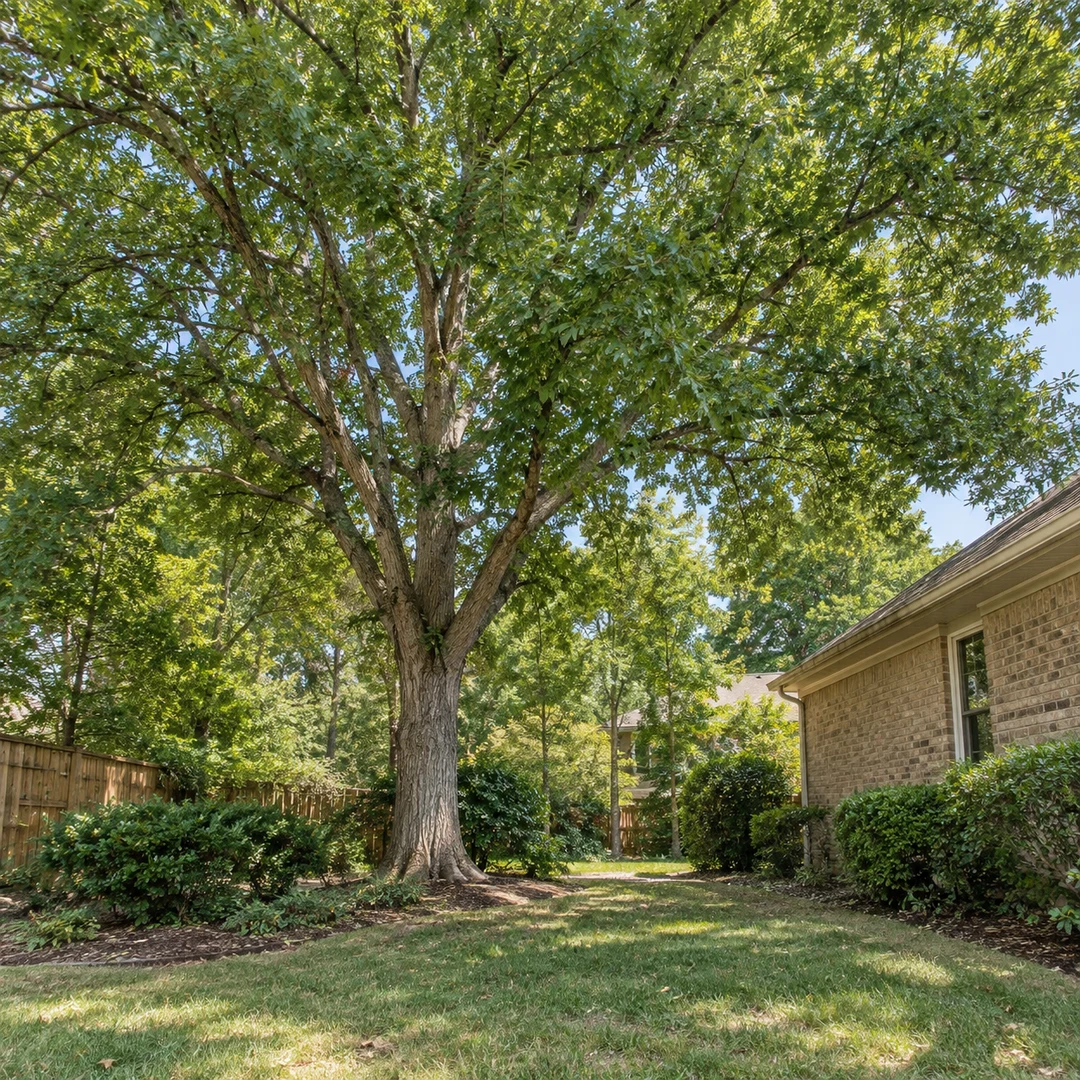 Full canopy of a mature tree beside an ordinary residential home
