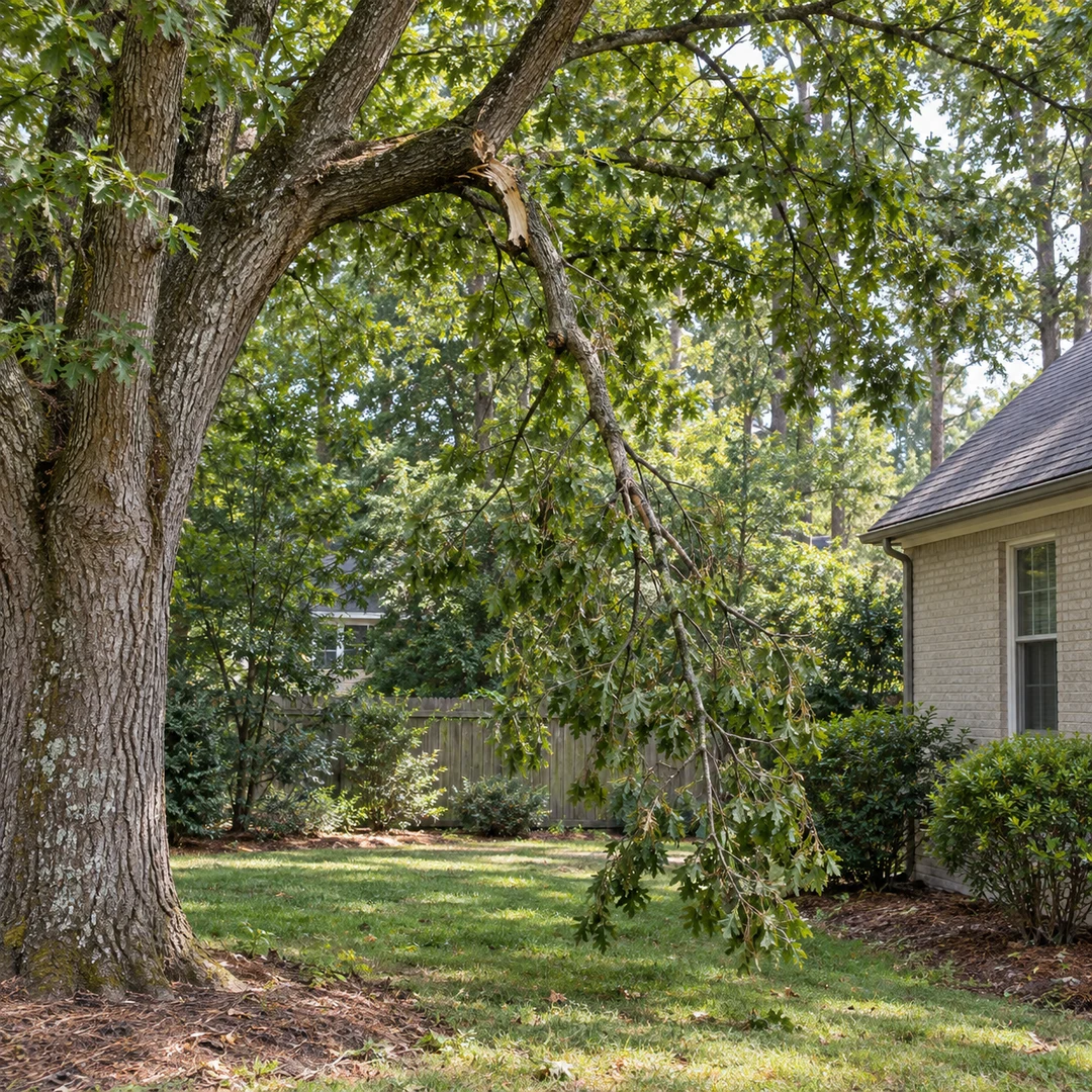 Broken branch hanging from a mature tree in a residential yard