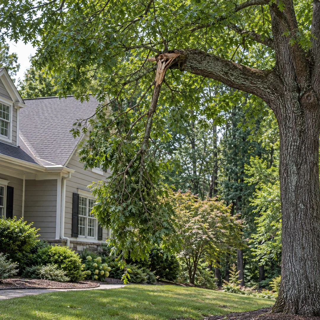 Damaged limb in the canopy near a residential house