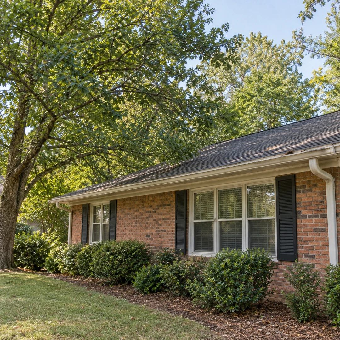 Canopy growing beside the roof and gutters of a brick home