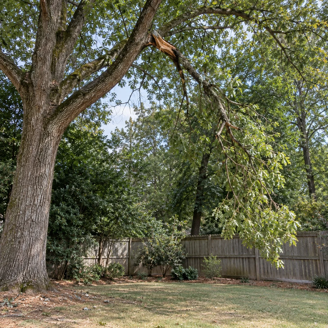 Broken branch hanging above a clear residential lawn