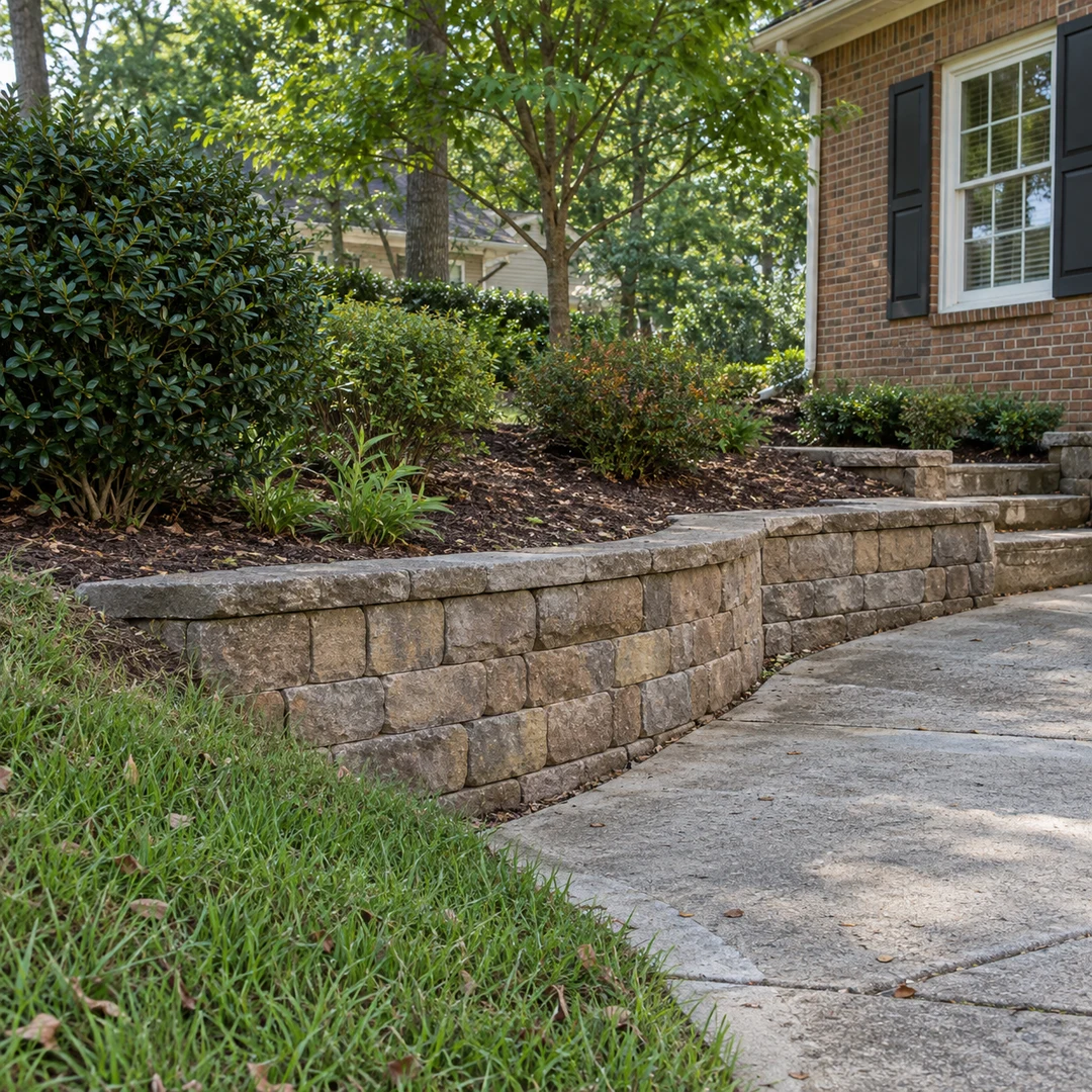 Low stone retaining wall defining a residential landscape bed