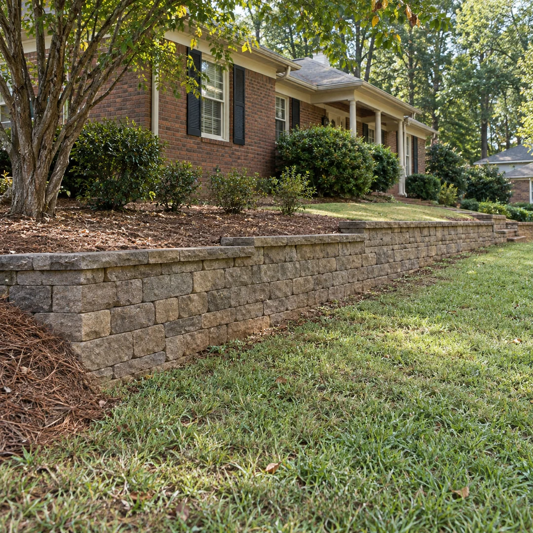 Stone wall supporting soil below a brick home