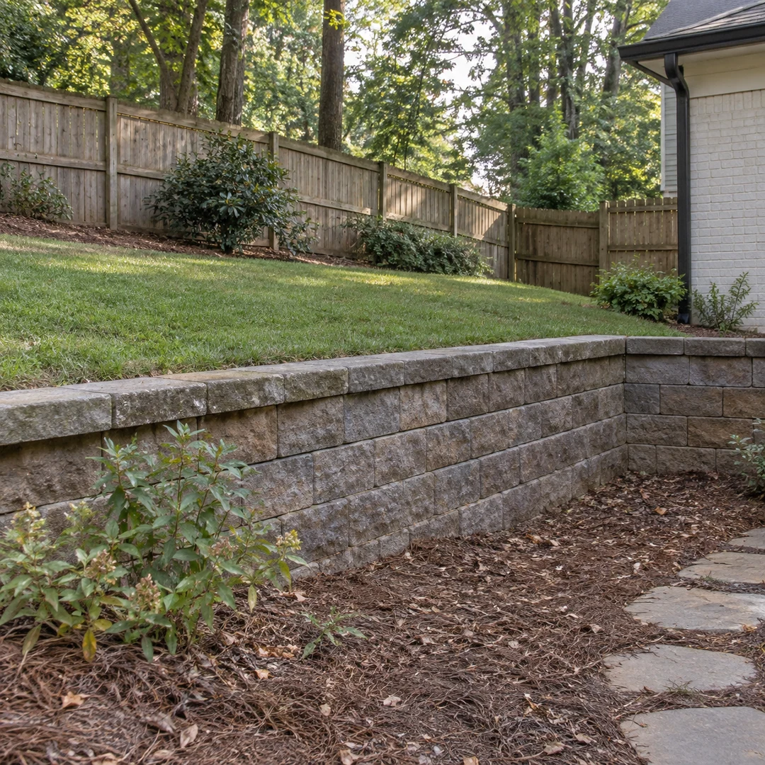 Stone wall defining a sloped residential garden