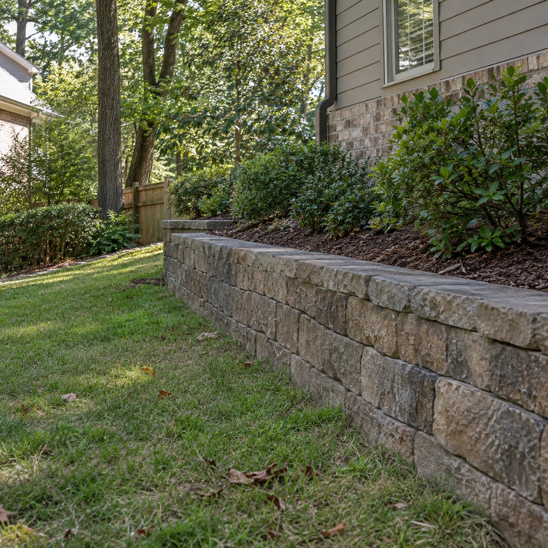 Low stone landscape wall beside a residential side yard