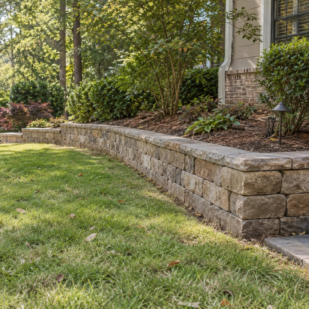 Finished low wall along a grass and planting edge