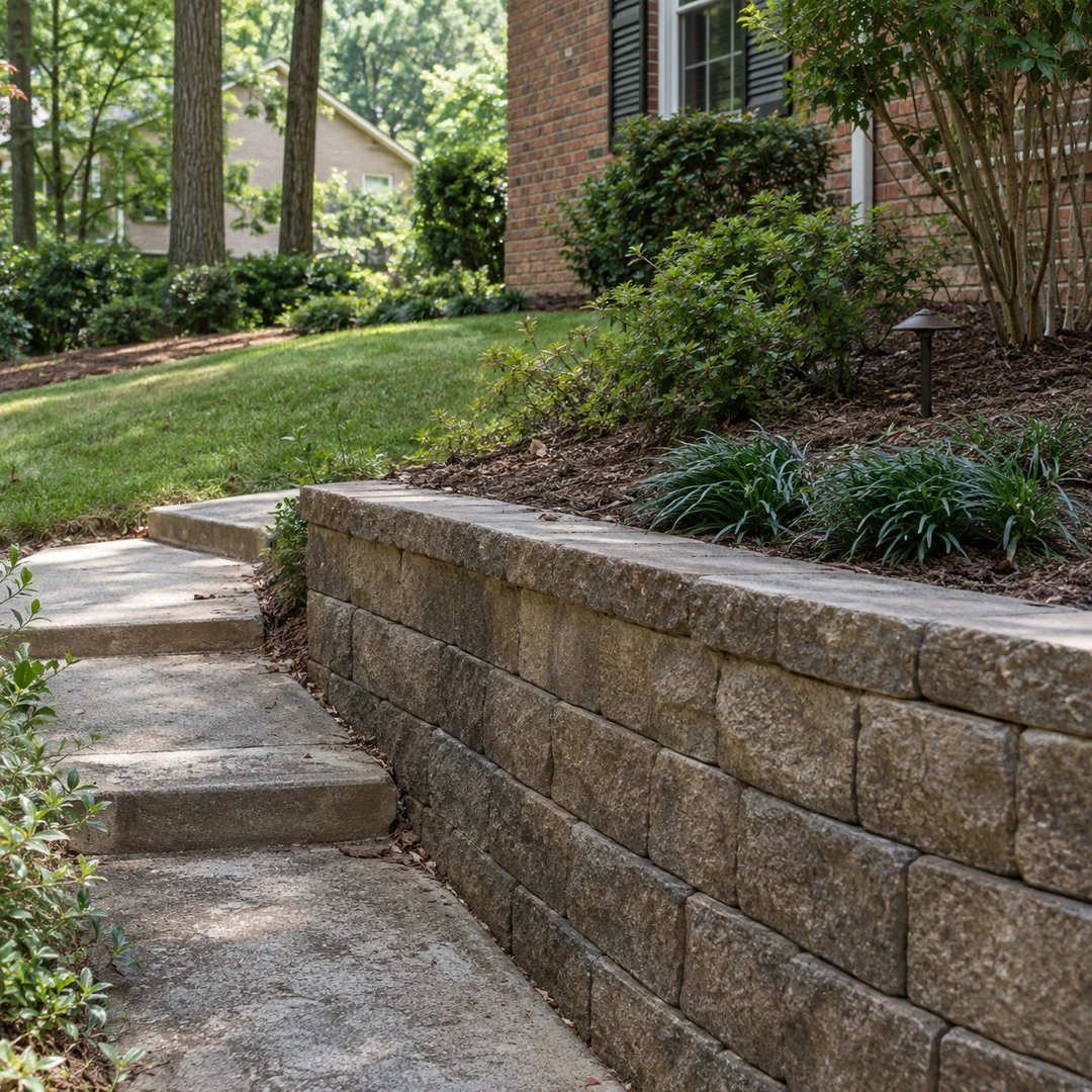 Residential retaining wall beside concrete steps