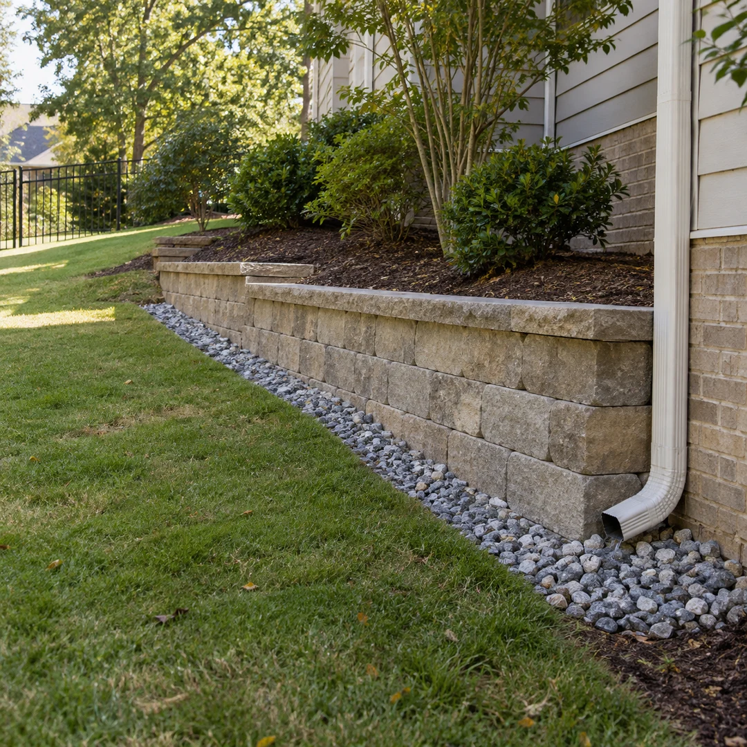 Downspout and stone border beside a retaining wall
