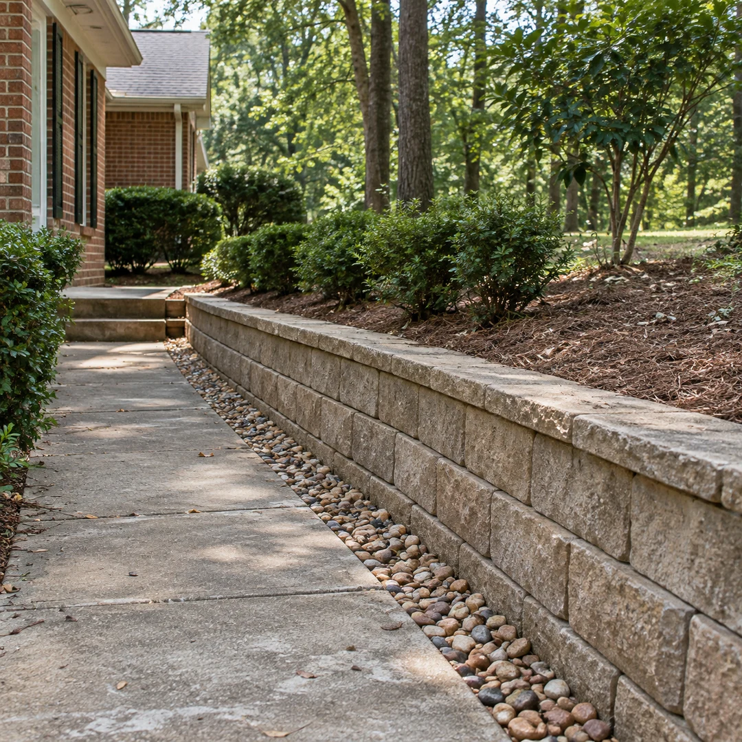 Gravel strip protecting soil beside a residential wall
