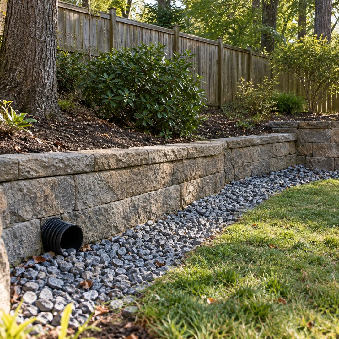 Drain outlet and gravel at the base of a retaining wall