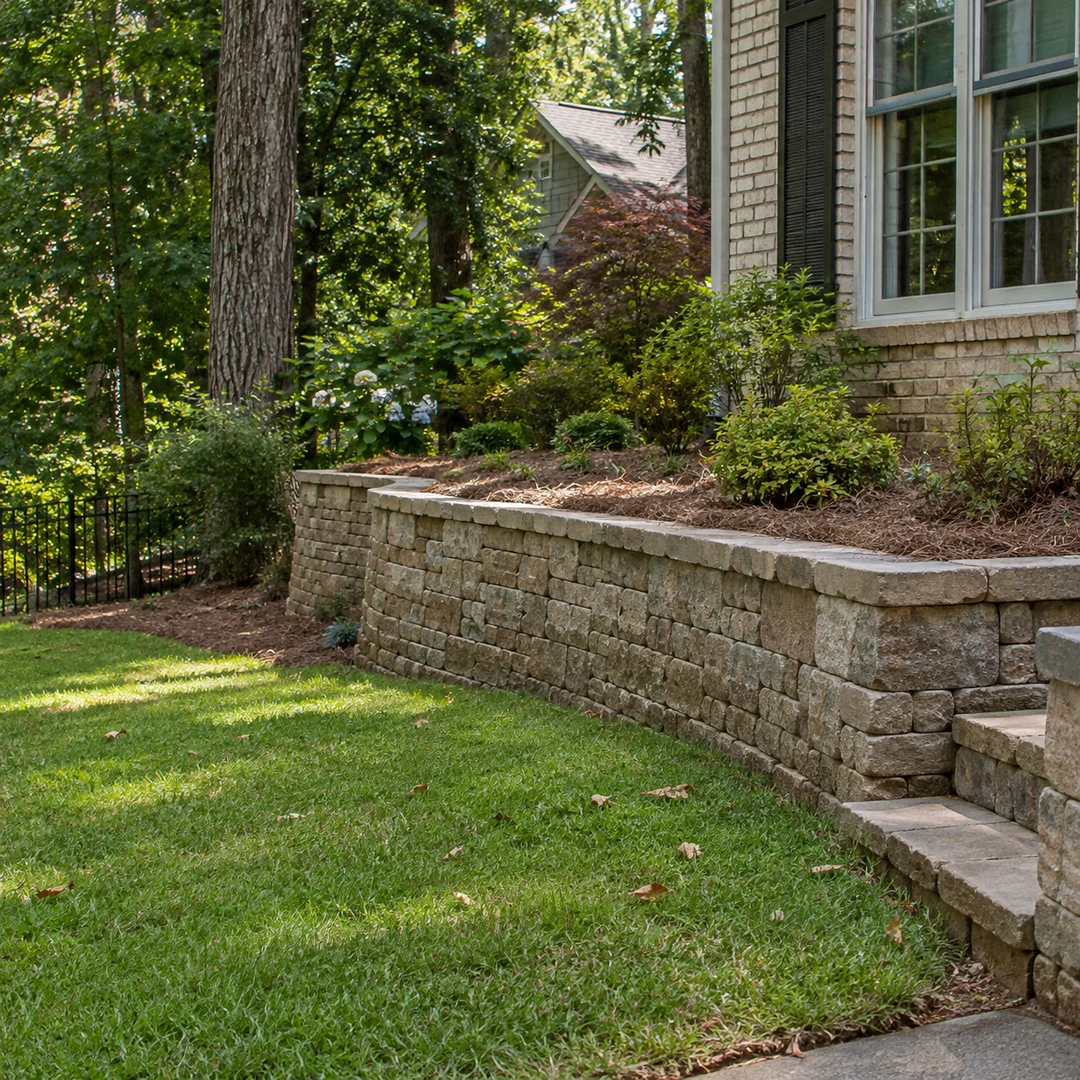 Curved stone retaining wall on a residential slope