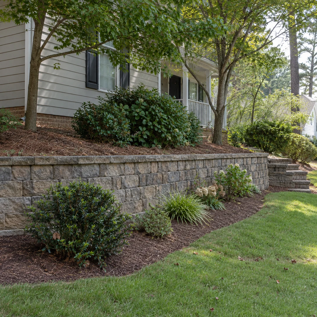 Stone retaining wall supporting a planted bed beside a home