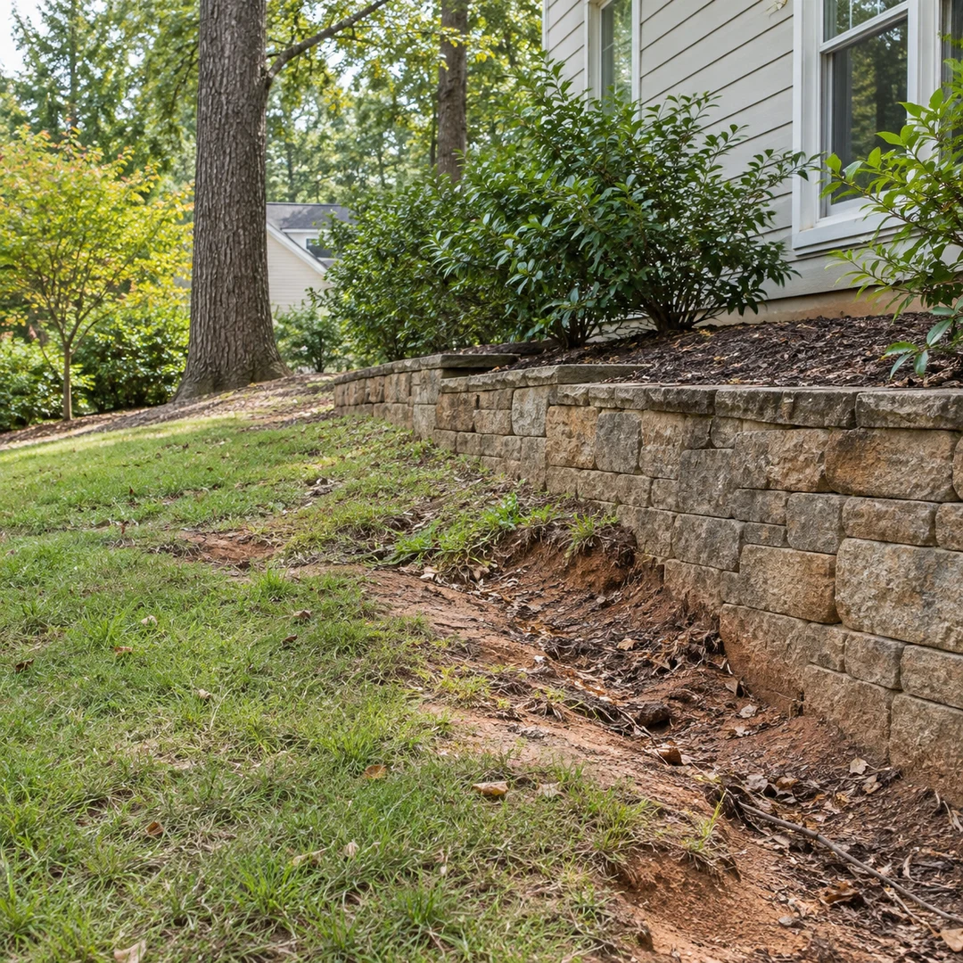 Eroded soil along the base of a landscape wall