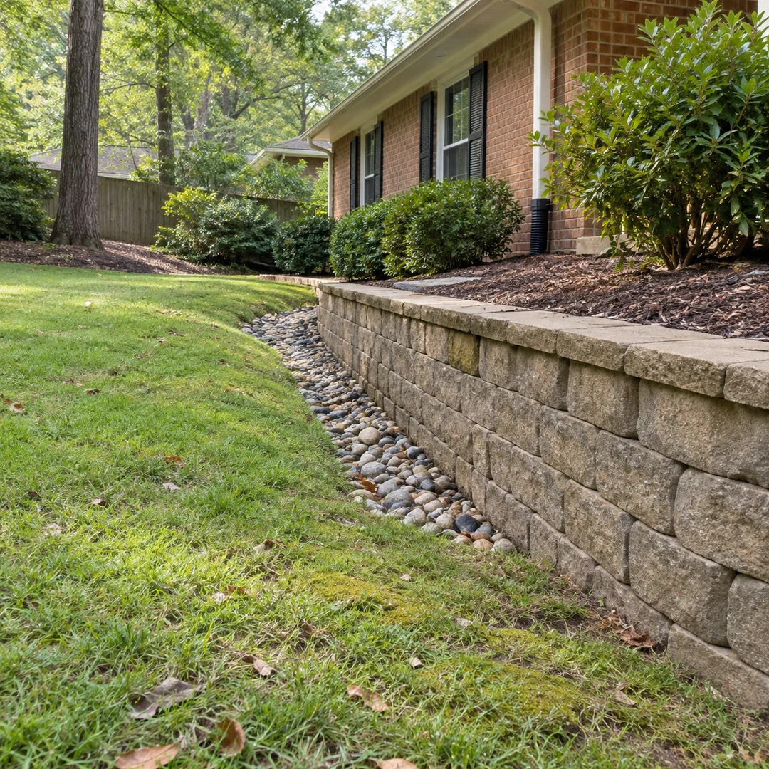Stone drainage swale along a modest retaining wall