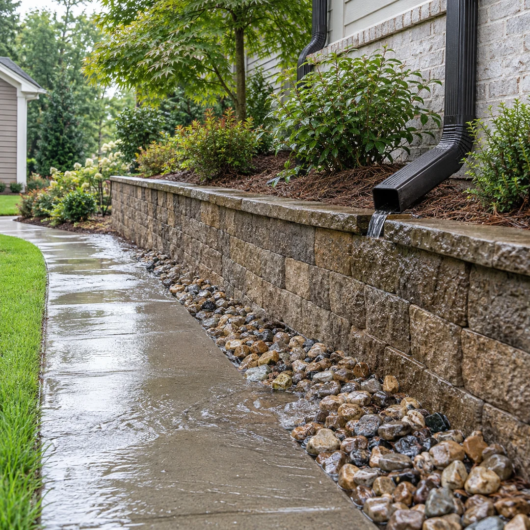 Downspout runoff crossing a wet walkway beside a wall